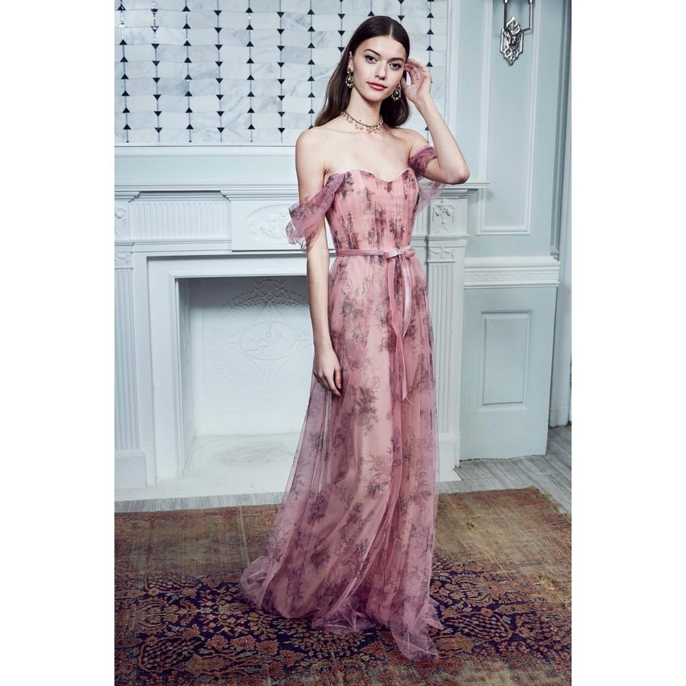 Marchesa Notte Fairycore Romantic Bridgerton Tulle Floral Drapped Maxi Dress
